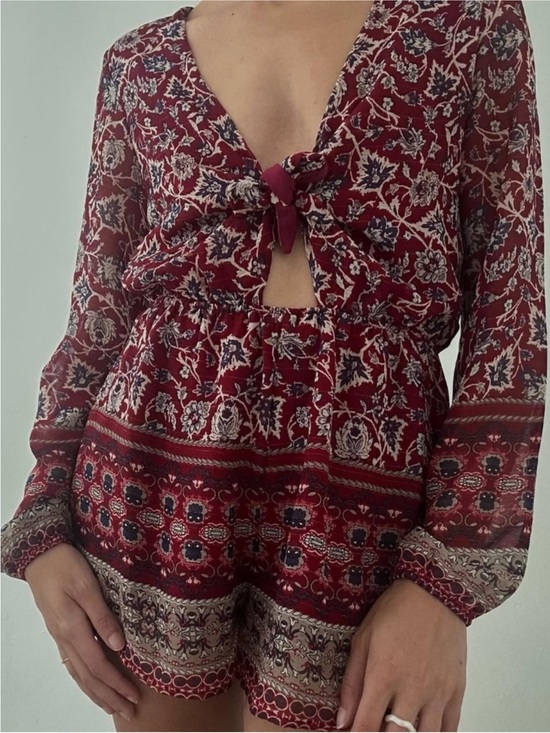 Honey Punch Pants - Women's Burgundy Floral Tie-Front Romper by